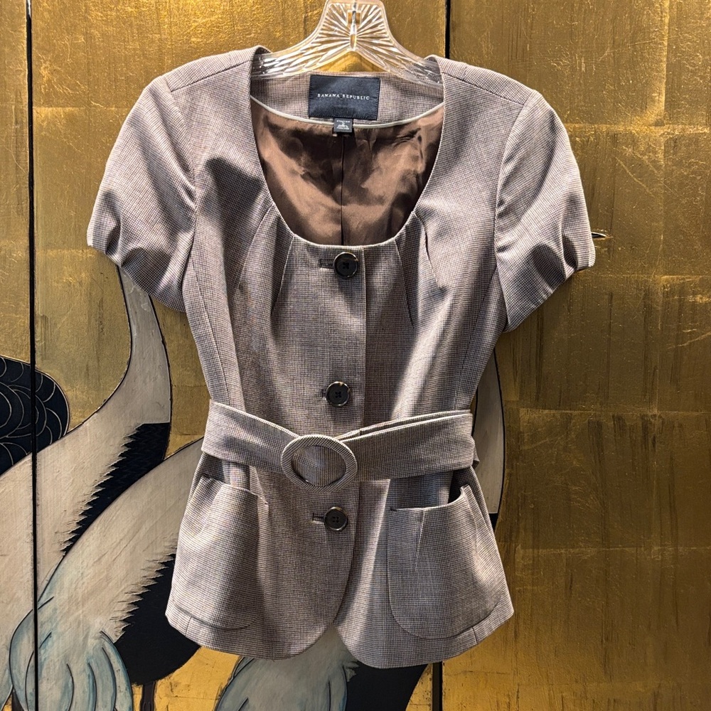 Banana Republic Brown Houndstooth Short-Sleeve Belted Blazer